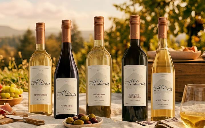 A'Dair wine bottles arranged with glasses on a picnic setting